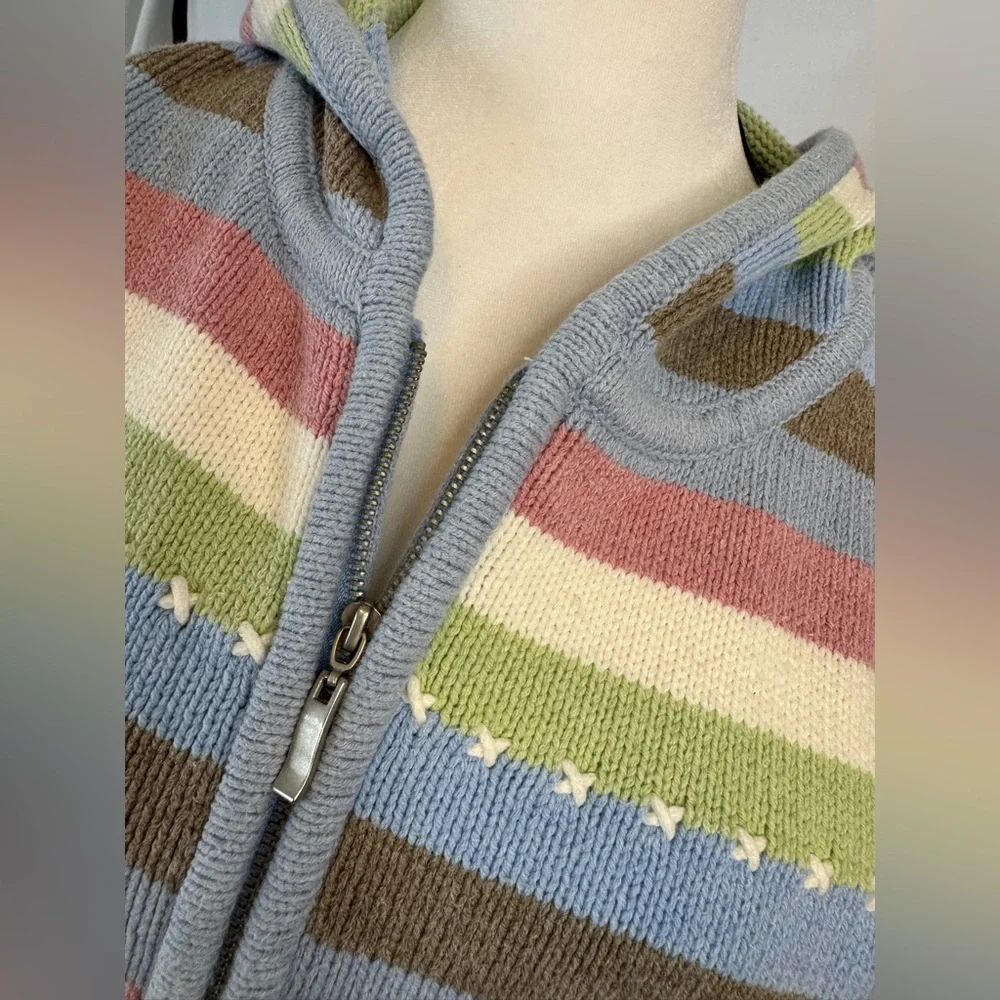 Crazy Horse Spring Shades Striped Knit Sweater,Hooded Zip Up, Cute Detail - Picture 3 of 11